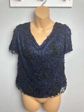 Lourdes Chavez Navy Lace Silk Beaded V-Neck Embroidered Short Sleeve Top